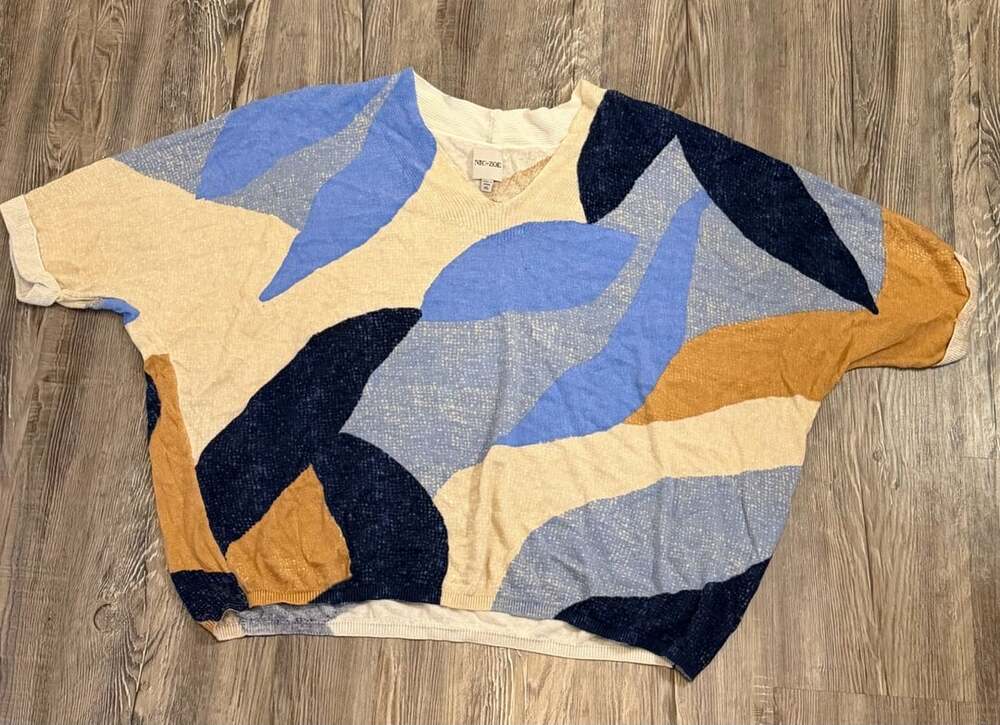 Nic & Zoe Size XL Blue Beige Brown Leaf Pattern Short Sleeve Knit Sweater